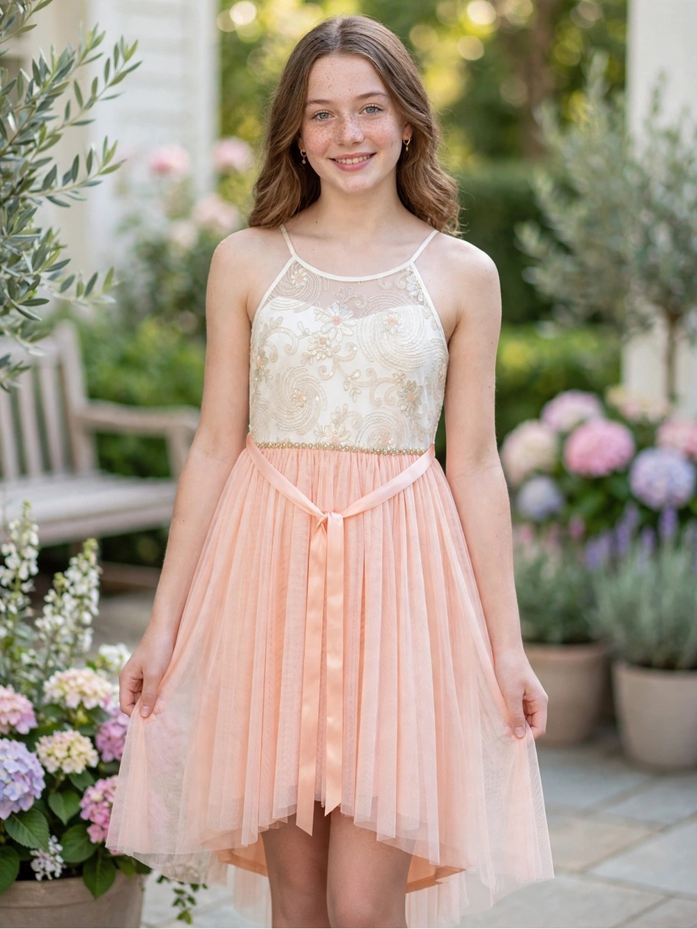 Rare Editions Pink  and Cream Embroidered Tulle Dress for Girls Size 12